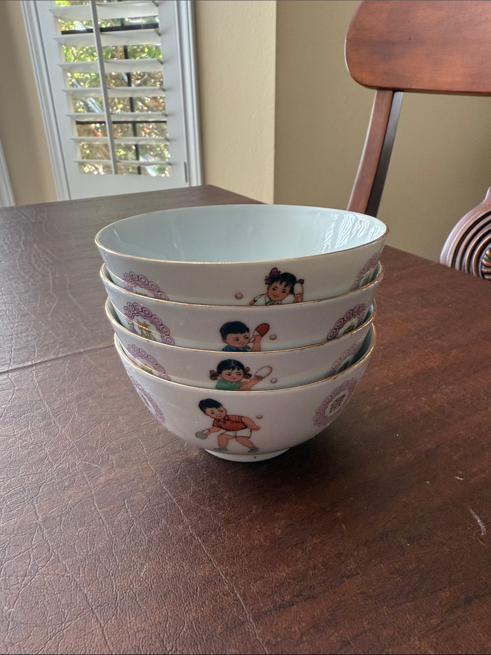 Vtg Liling China Porcelain Ping-Pong Design Chinese Rice Bowls - Set of 4